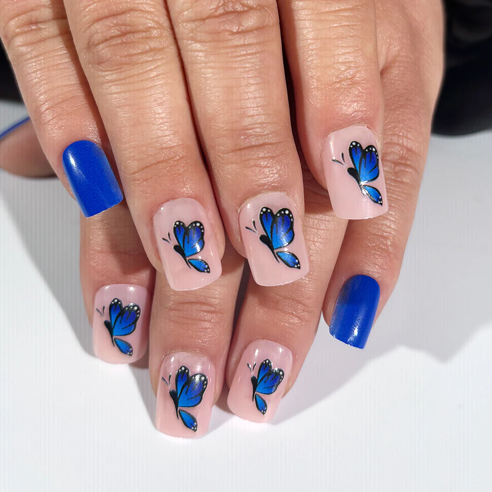 Butterfly Dreams Long Square Blue and Beige Press On Nail Set with Vibrant Butterfly Art