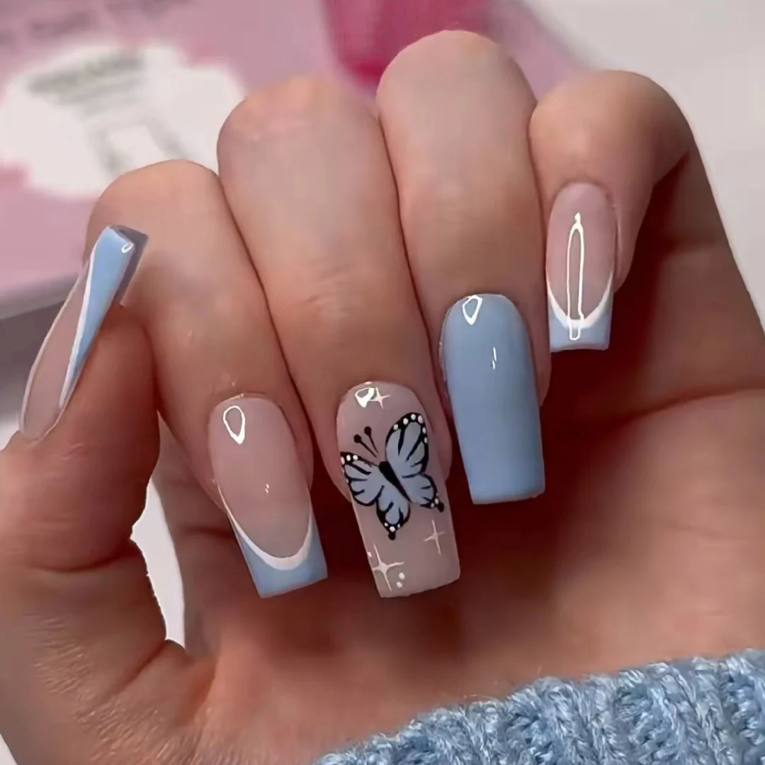 Butterfly Dreams Long Square Blue Nail Set with Unique Butterfly Design and Glossy Finish