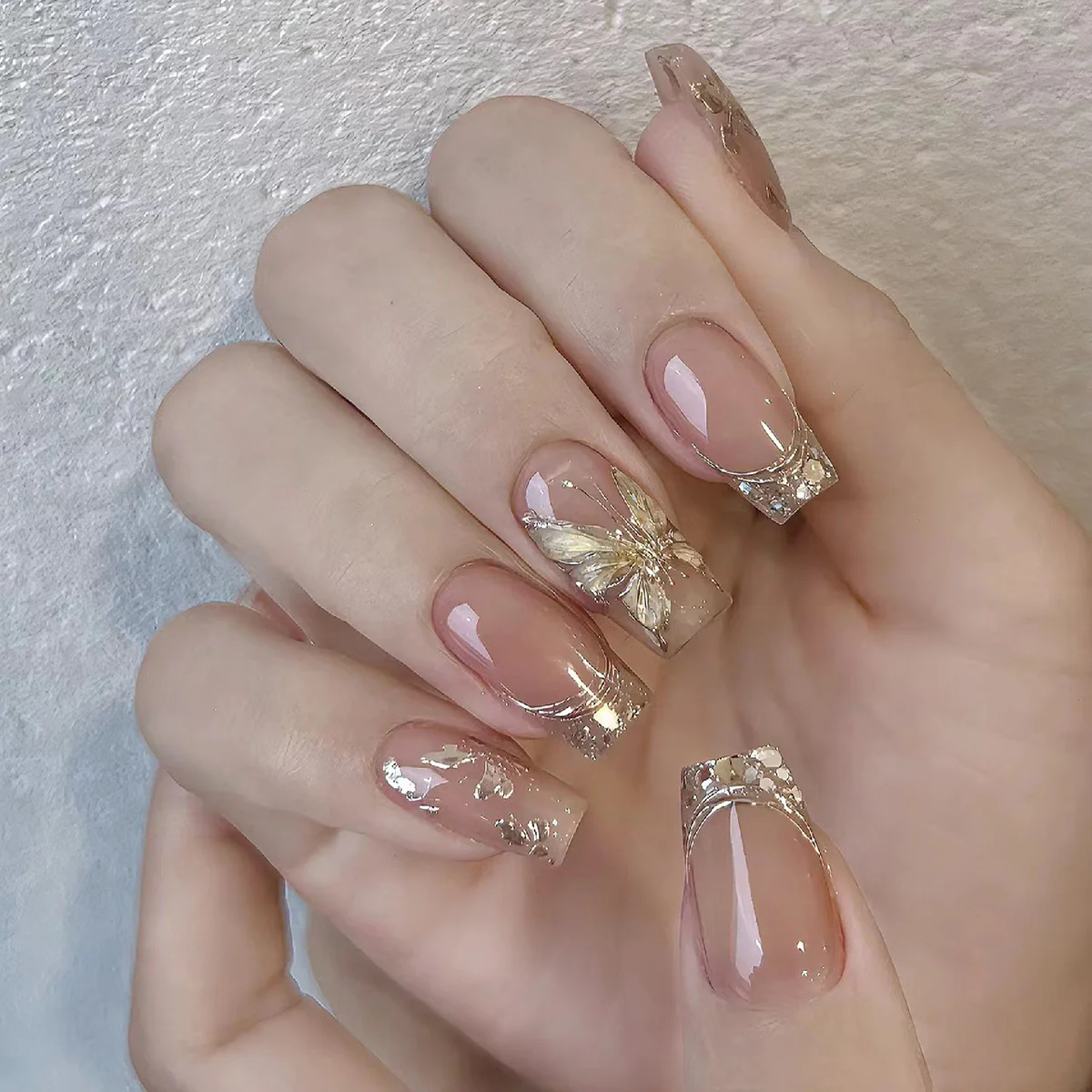 Butterfly Dreams Medium Square Beige Press On Nail Set with Gold Foil Accents