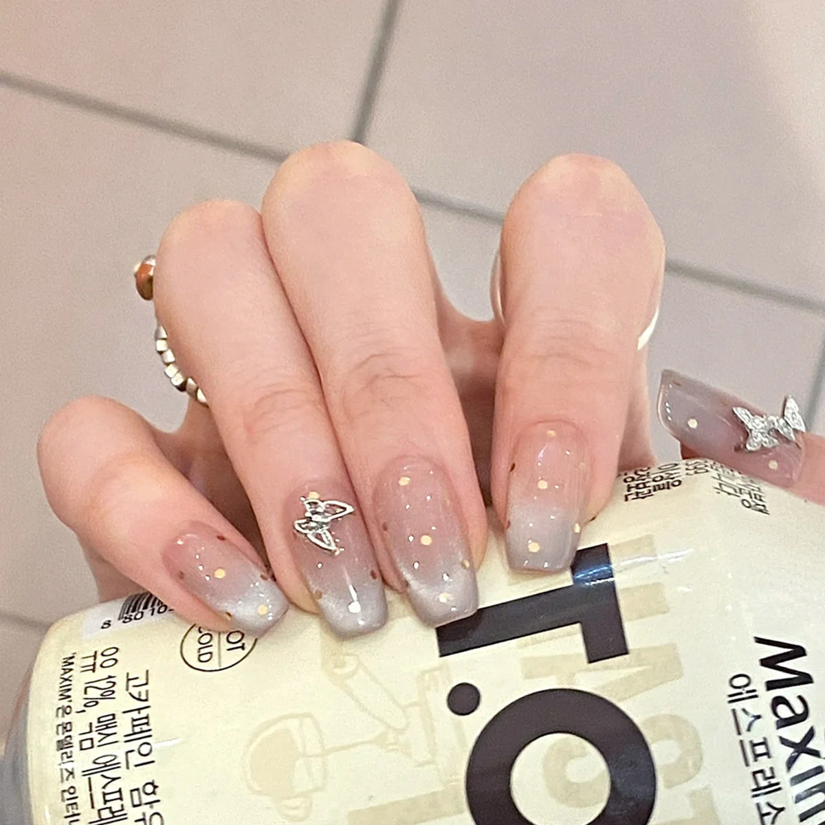 Butterfly Dreams Medium Square Gradient Beige and Gray Press On Nail Set with Glitter and Charm Accents