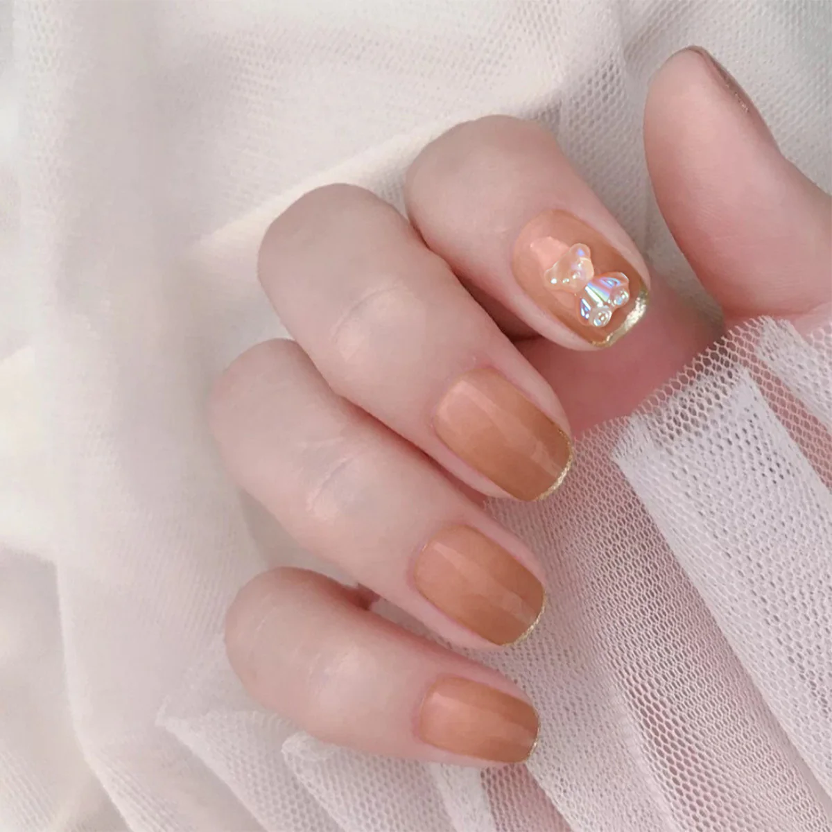 Butterfly Kisses Medium Squoval Peach Press On Nail Set with 3D Charm Accent