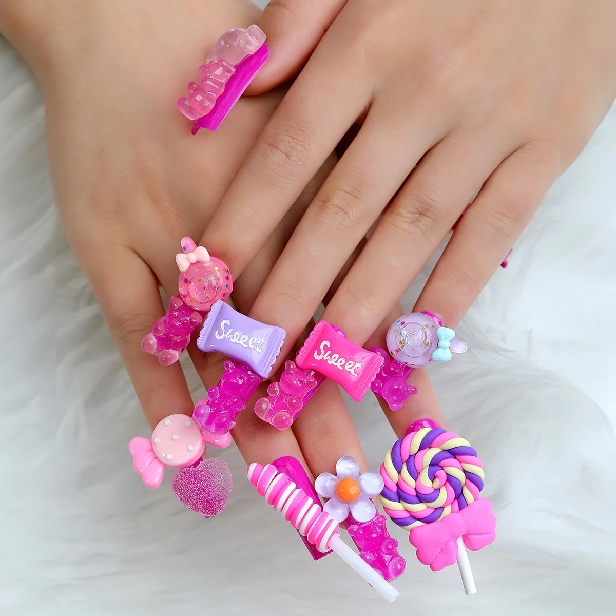 Candy Kingdom Long Square Pink Press On Nails with 3D Sweets and Glitter Embellishments