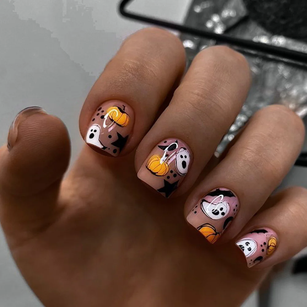 Cartoon Canine Adventure Short Square Peach Press On Nail Set with Playful Puppy Design