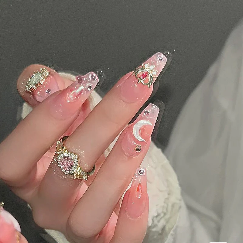 Celestial Dream Long Coffin Pink Press On Nail Set With Glittering Gemstone Accents