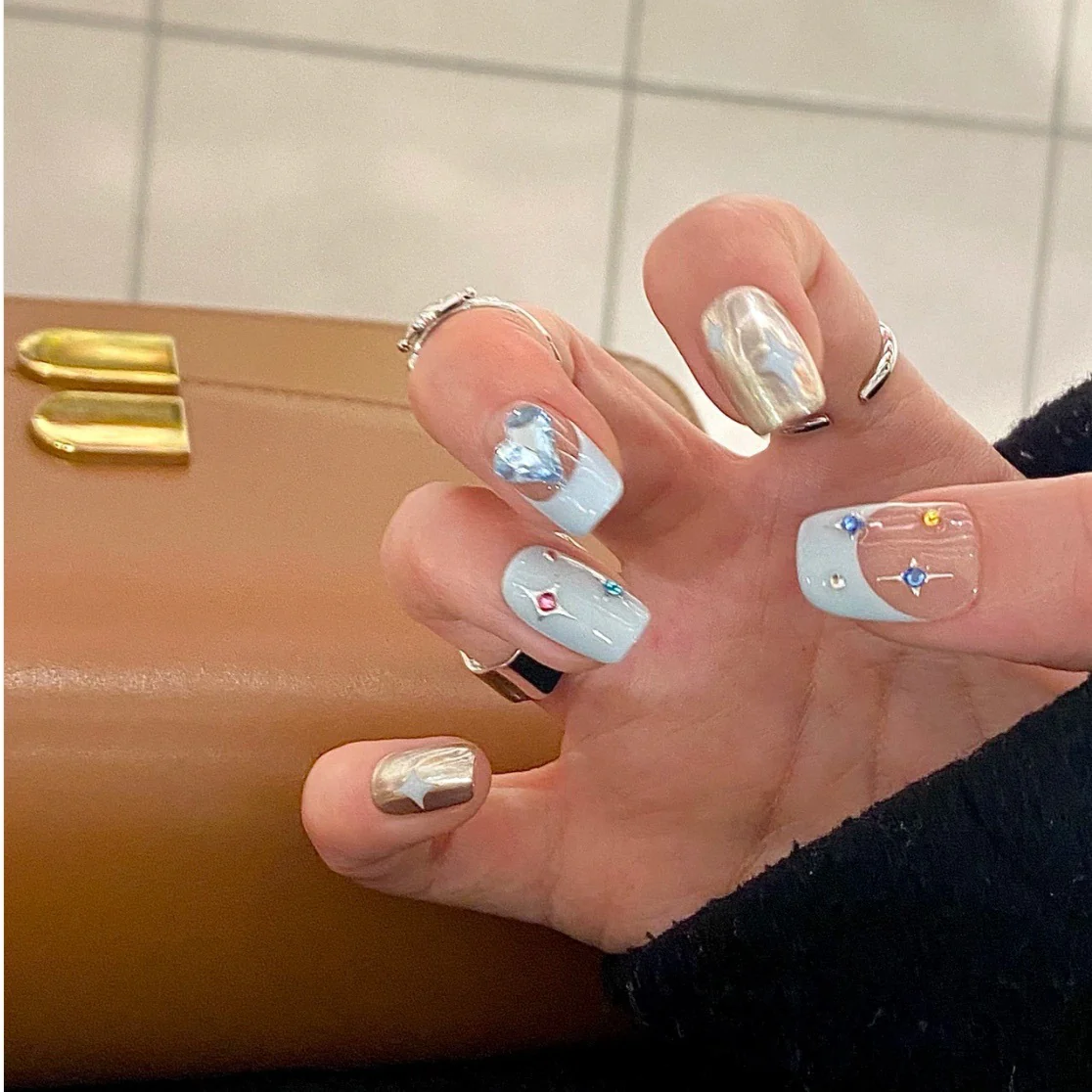 Celestial Dream Long Square Light Blue Press On Nail Set with Sparkling Gem Accents