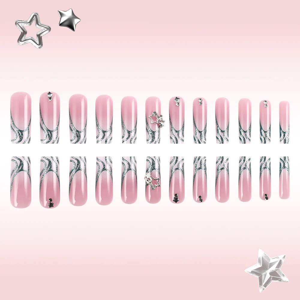 Celestial Dream Press-On Nail Set Long Square Pink with Silver Glitter Swirls and Star Accents