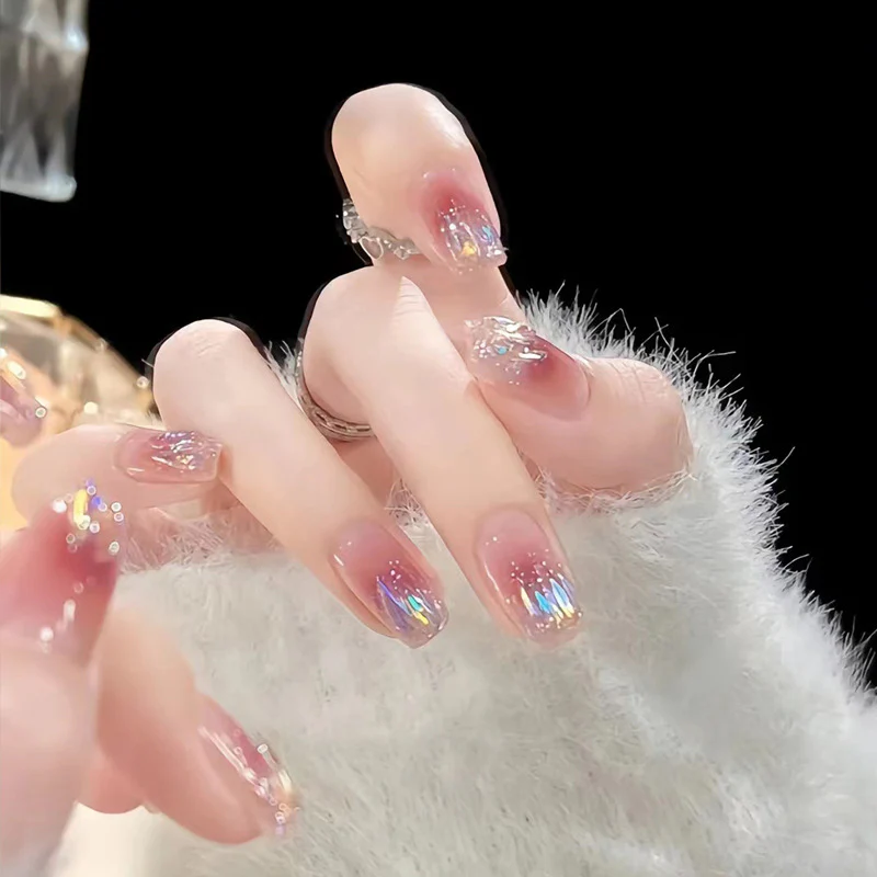 Celestial Dream Press On Nail Set Medium Square Ombre Pink with Holographic Glitter Finish
