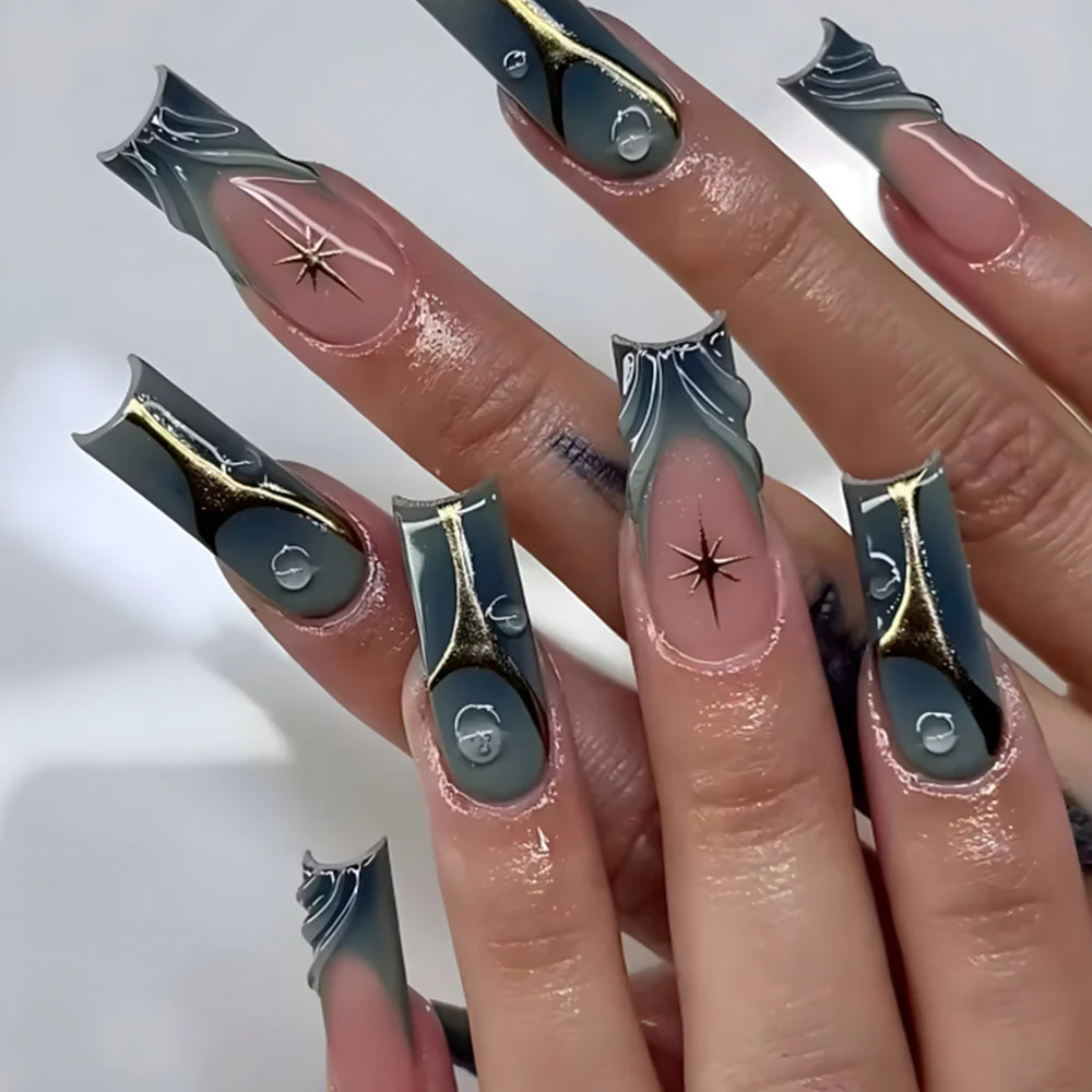 Celestial Dreams Long Square Press On Nails in Ocean Blue with Unique Gold Star Accents