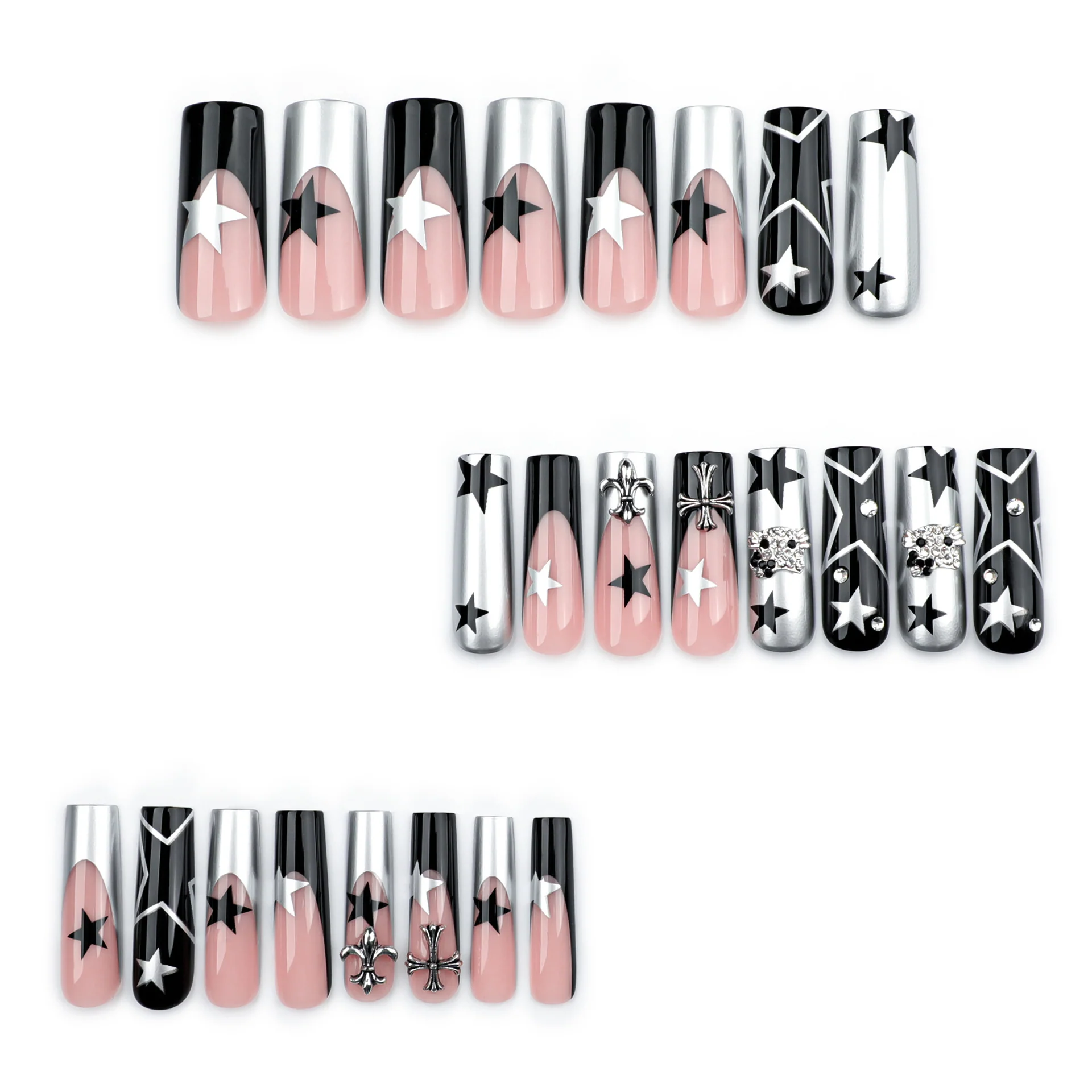Celestial Glamour Long Square Black and Silver Starry Press On Nail Set with Unique Metallic Accents
