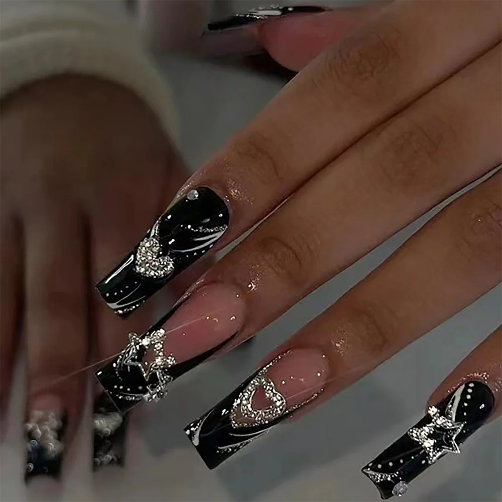 Celestial Glamour Long Square Black with Rhinestone Accents Press On Nail Set