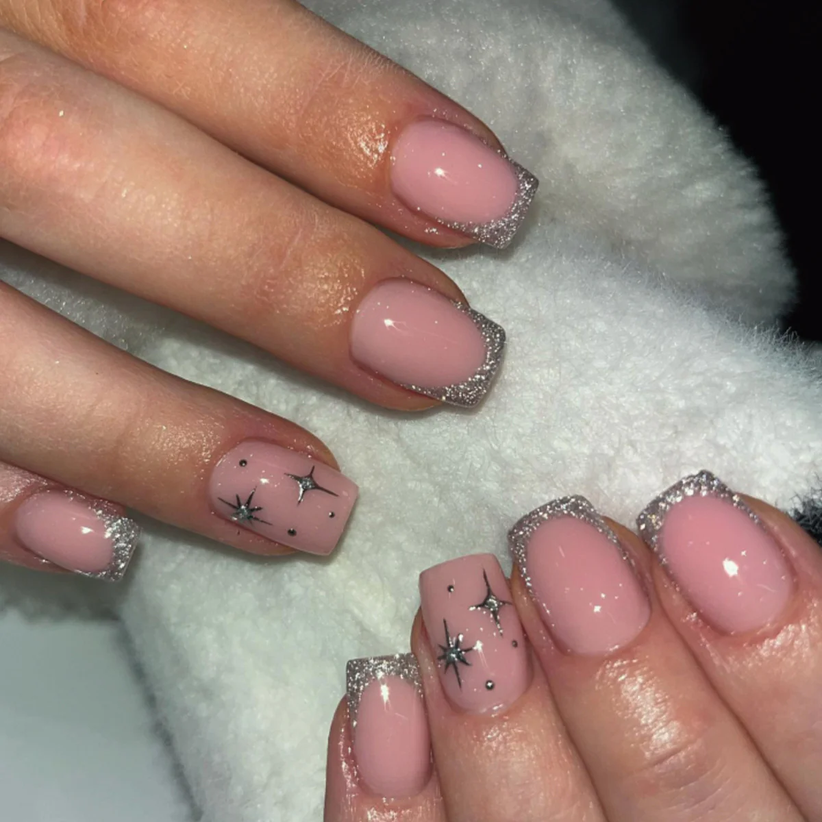 Celestial Glow Elegant Short Square Press On Nail Set in Blush Pink with Sparkling Silver Tips and Star Accents