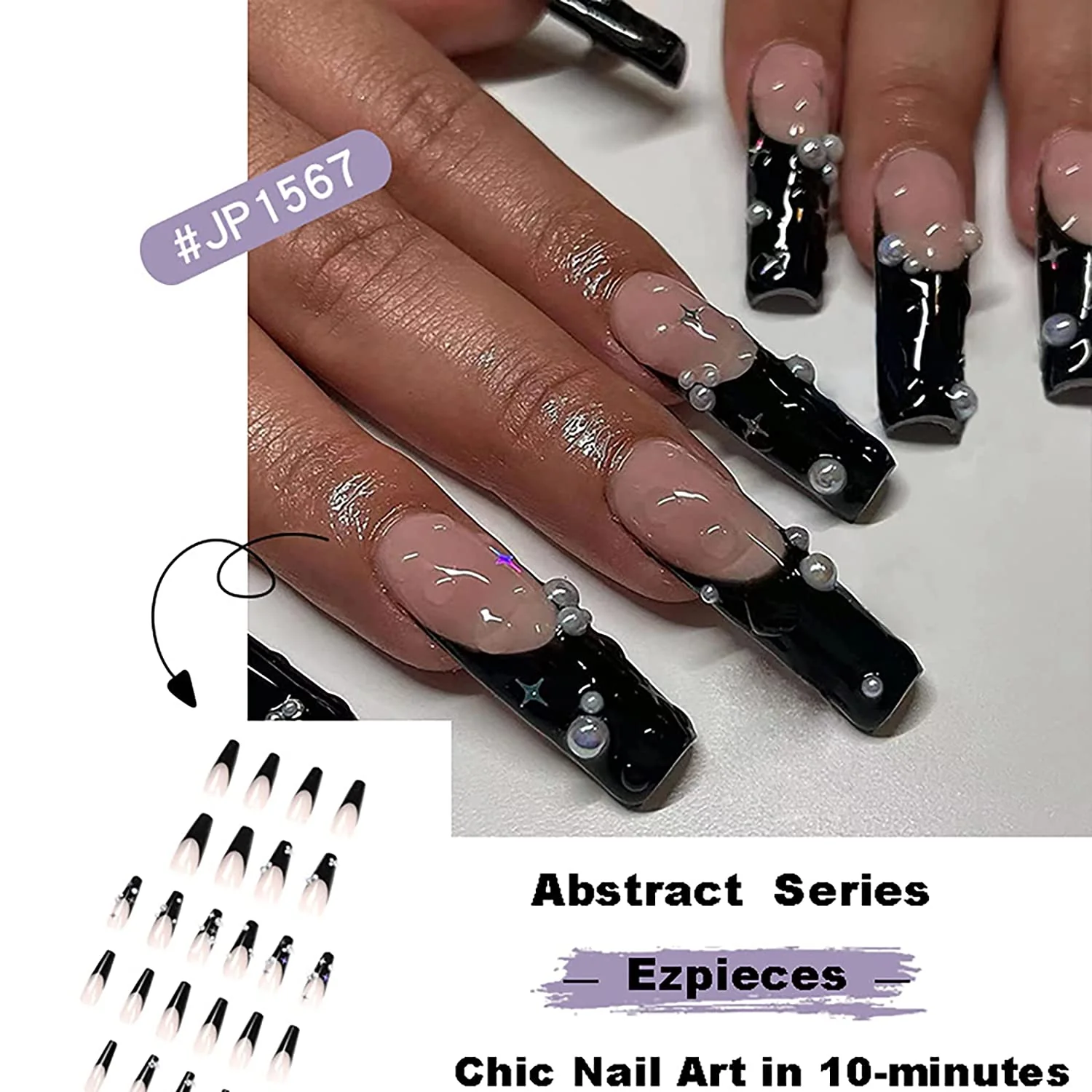 Charge My Room Long Square Black Studded Press On Nails - Image 10