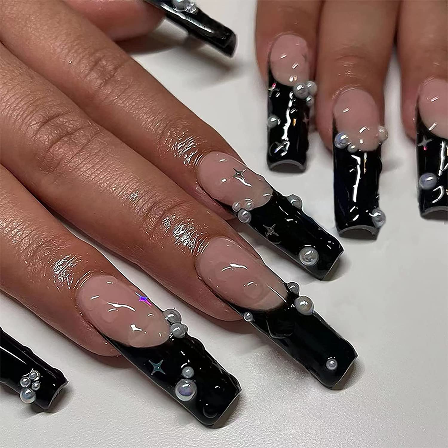 Charge My Room Long Square Black Studded Press On Nails - Image 14