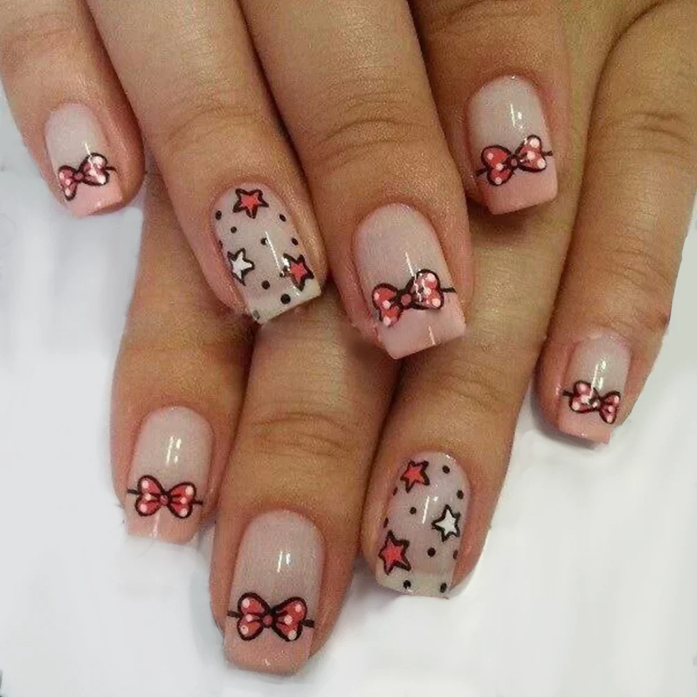 Charming Bowtie Fantasy Short Square Pink Press-On Nail Set with Whimsical Star Accents