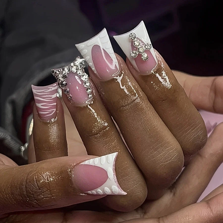 Charming Elegance Extra Long Duck Pink with Shimmering Rhinestones and Textured Design Press on Nail Set