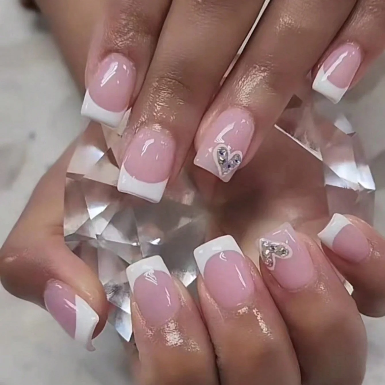 Charming Elegance Long Square Blush Pink Nails with Heart Charms and French Tips