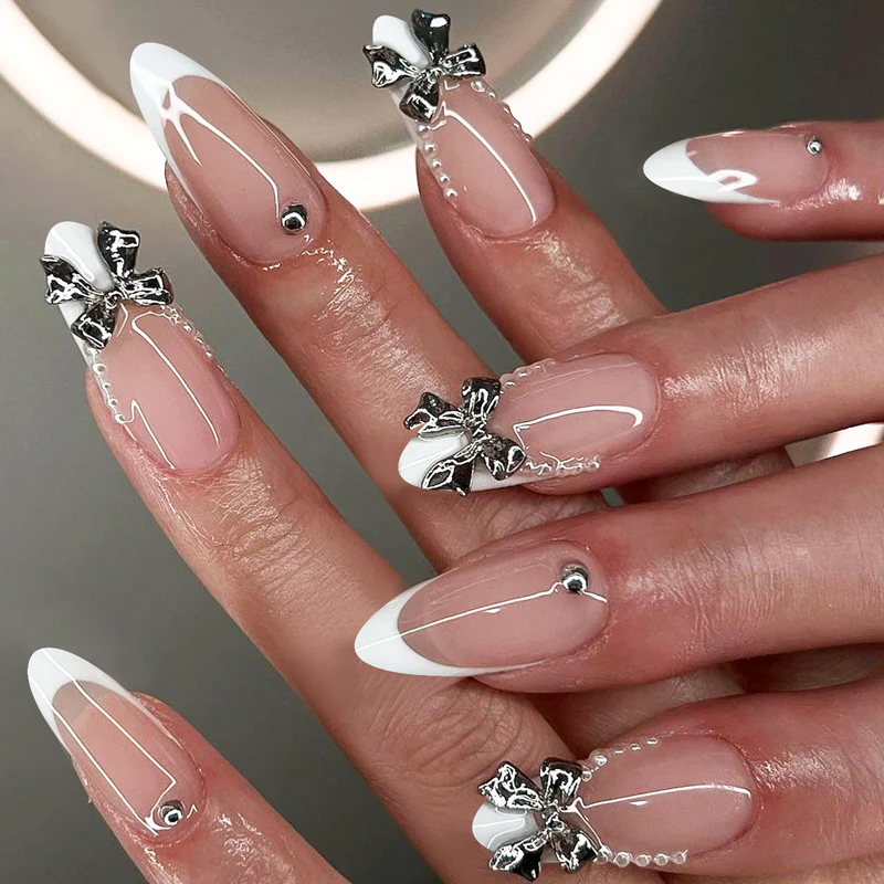 Charming Elegance Medium Almond White with Silver Ribbon and Gemstone Accent Press on Nail Set
