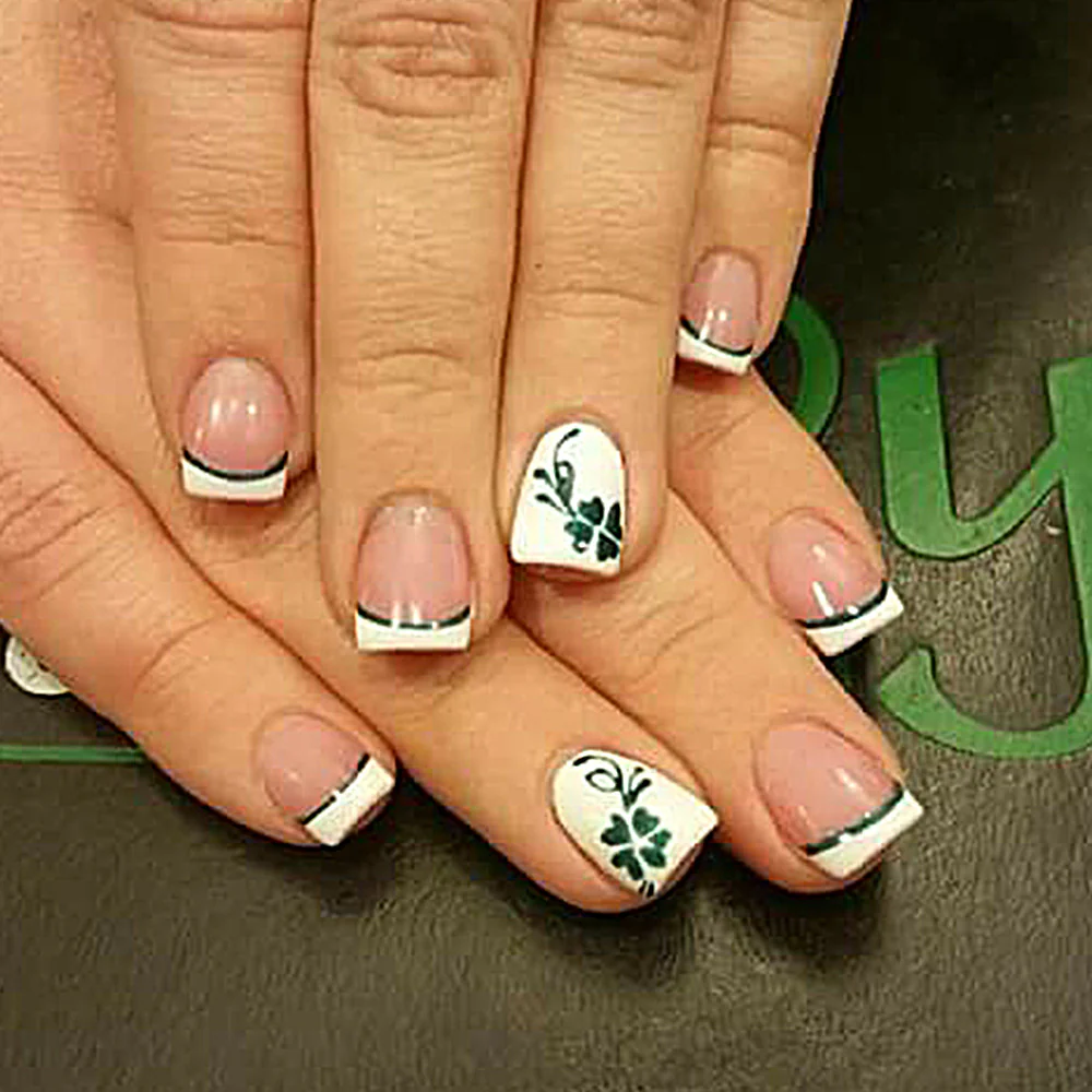 Charming Floral Delight Short Square White and Green Press On Nail Set with Elegant Leaf Design