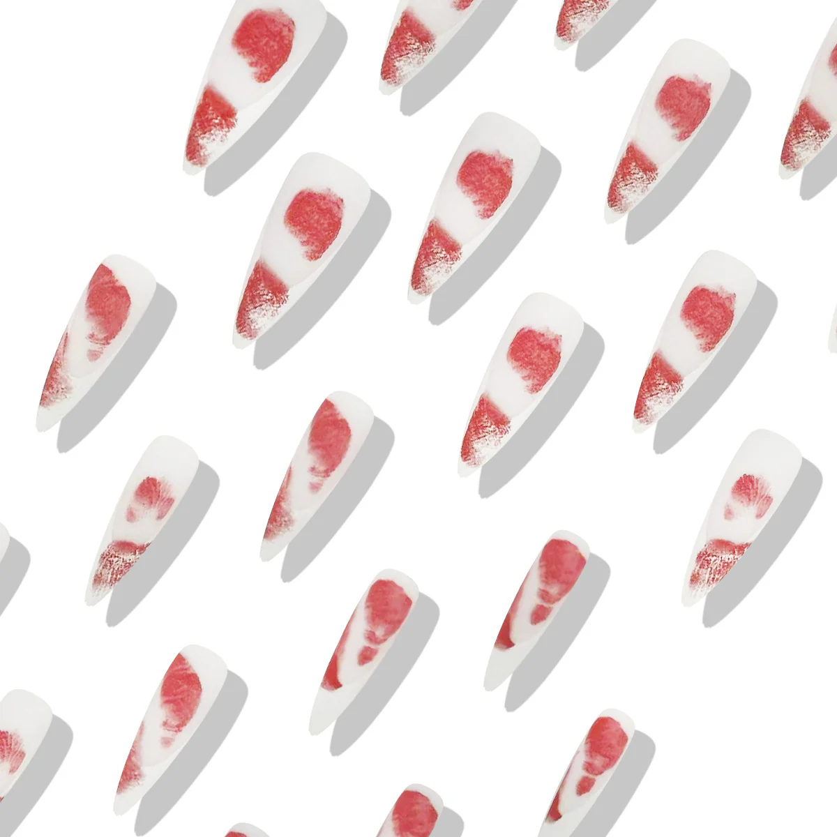Charming Floral Dream Long Almond Red and White Press-On Nail Set with Elegant Heart Design
