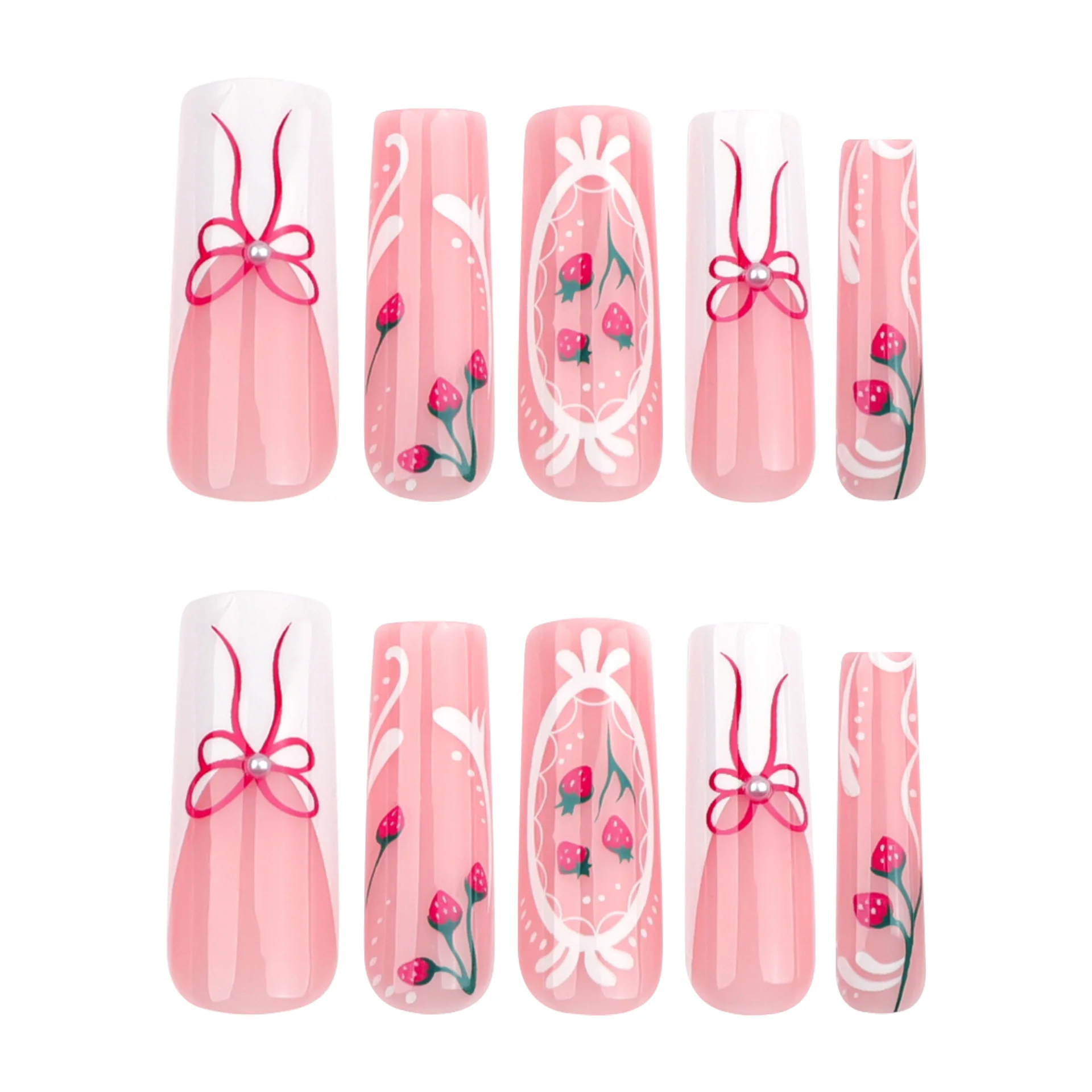 Charming Floral Dream Press On Nail Set Long Square Pink with Delicate Bow and Floral Design