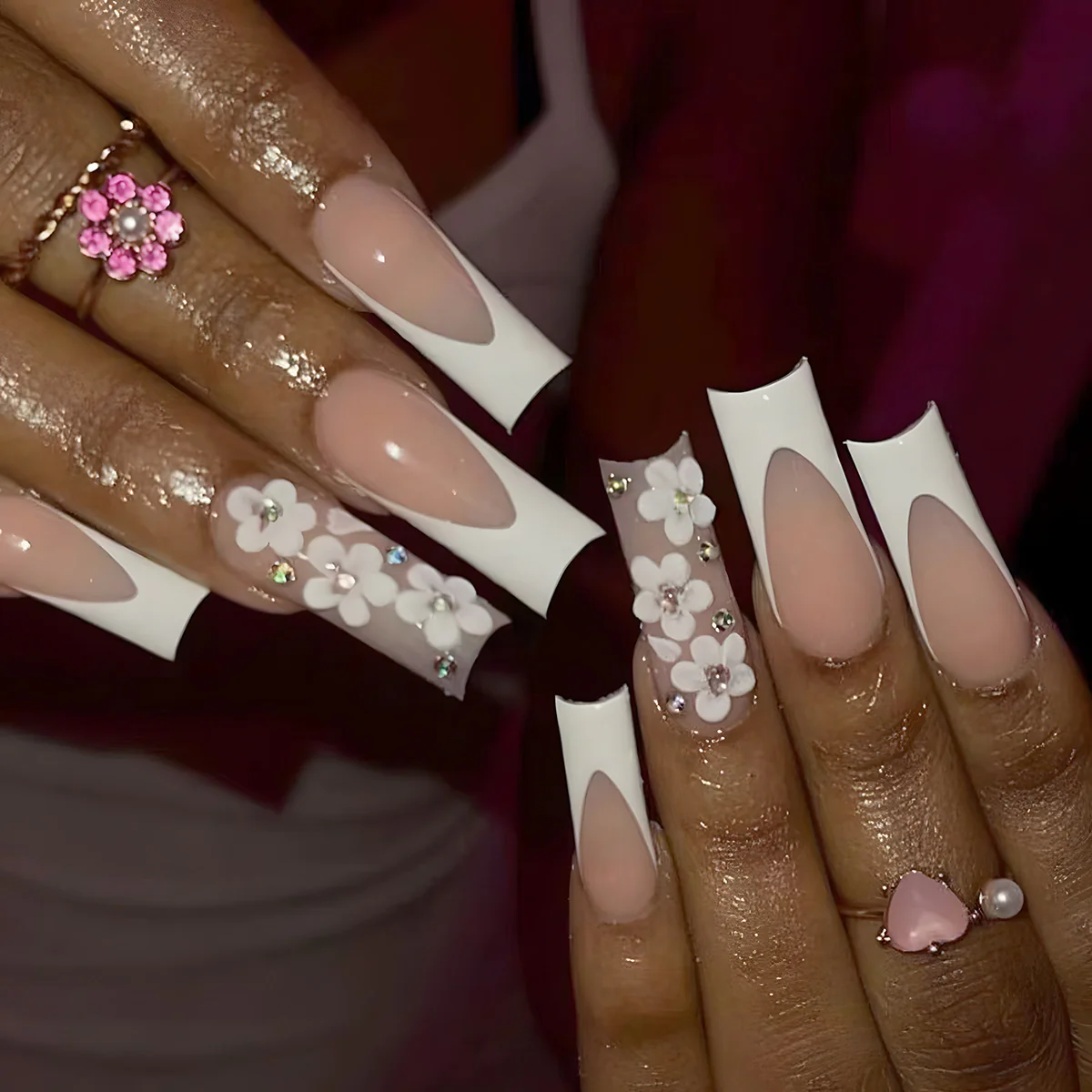 Charming Floral Fantasy Long Square White and Pink Press On Nail Set with Elegant Crystal Accents