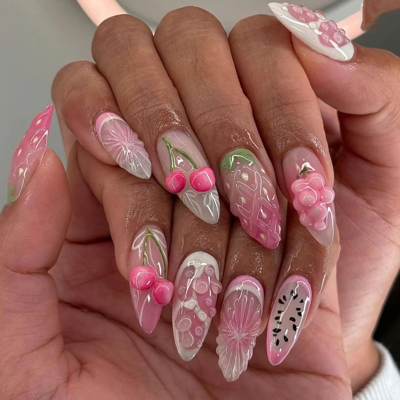 Charming Fruit Paradise Long Almond Pink Press On Nail Set with Unique Three Dimensional Fruit Designs