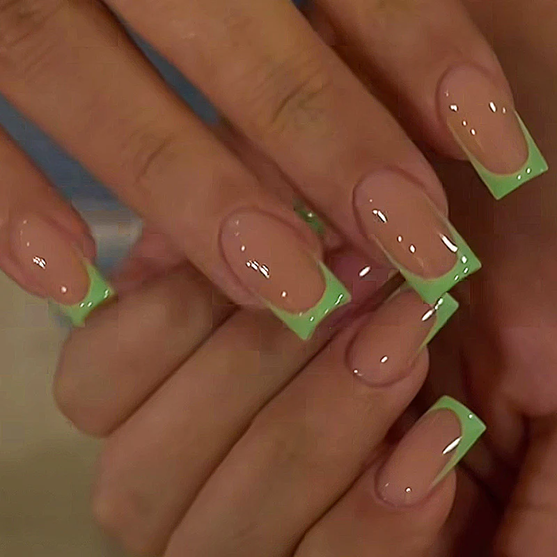 Charming Garden Short Square Press On Nail Set in Natural Pink and Vibrant Green Tips for a Fresh Floral Style