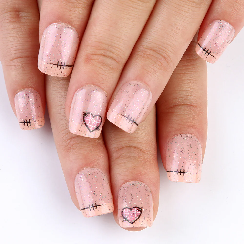 Charming Hearts Theme Short Square Press On Nail Set in Sparkling Pink with Unique Heart Design