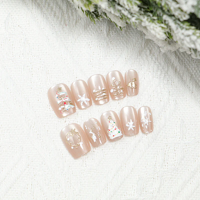 Charming Holiday Bliss Short Square Beige Nail Set with Glittering Festive Designs