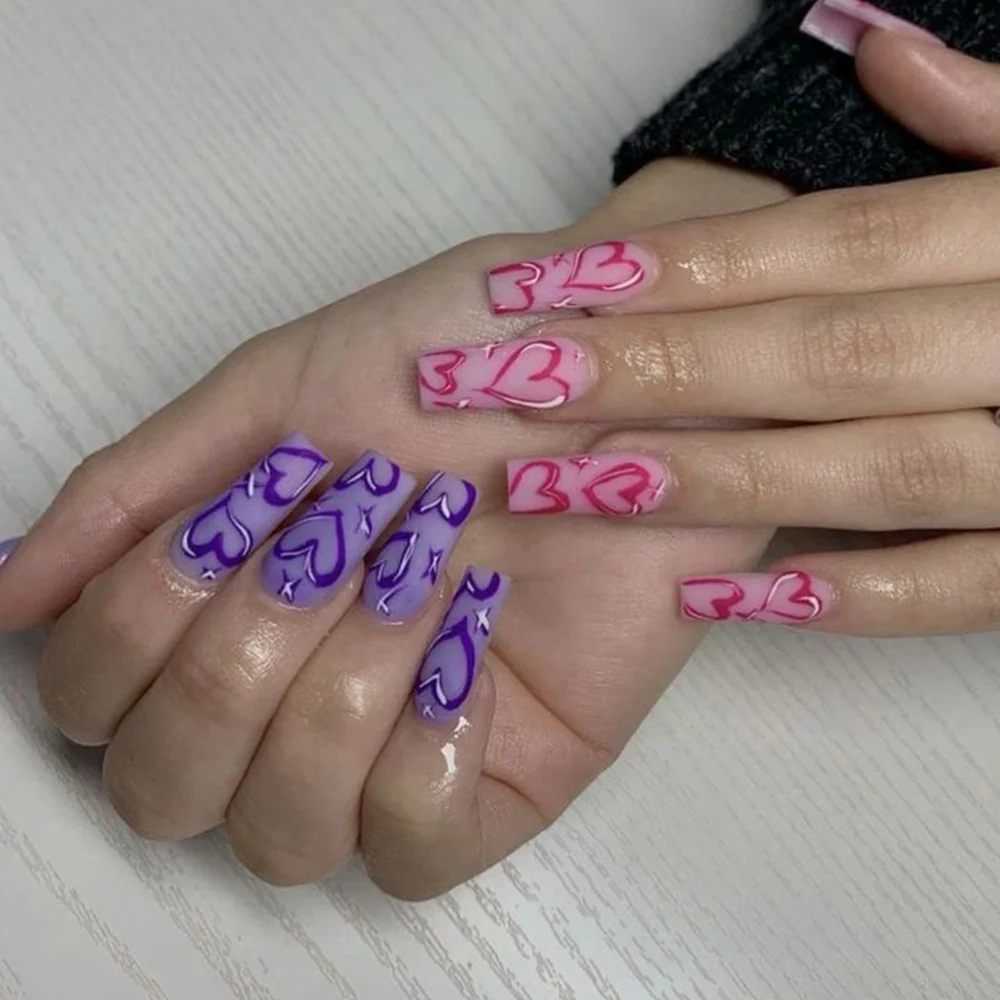 Charming Love Theme Long Square Pink and Purple Nail Set with Heart Patterns