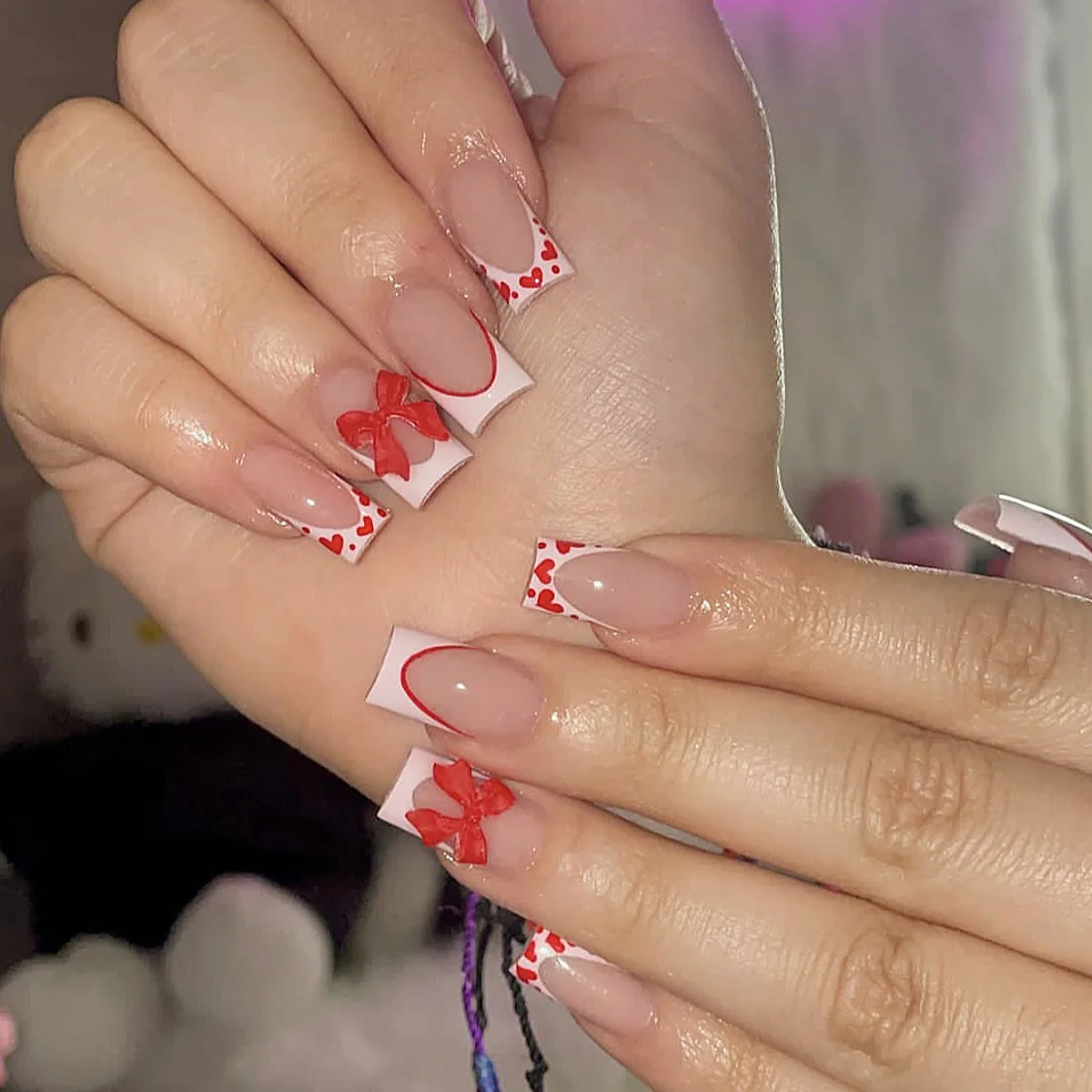 Charming Love Theme Medium Square Pink Color with Heart and Bow Design Press On Nail Set