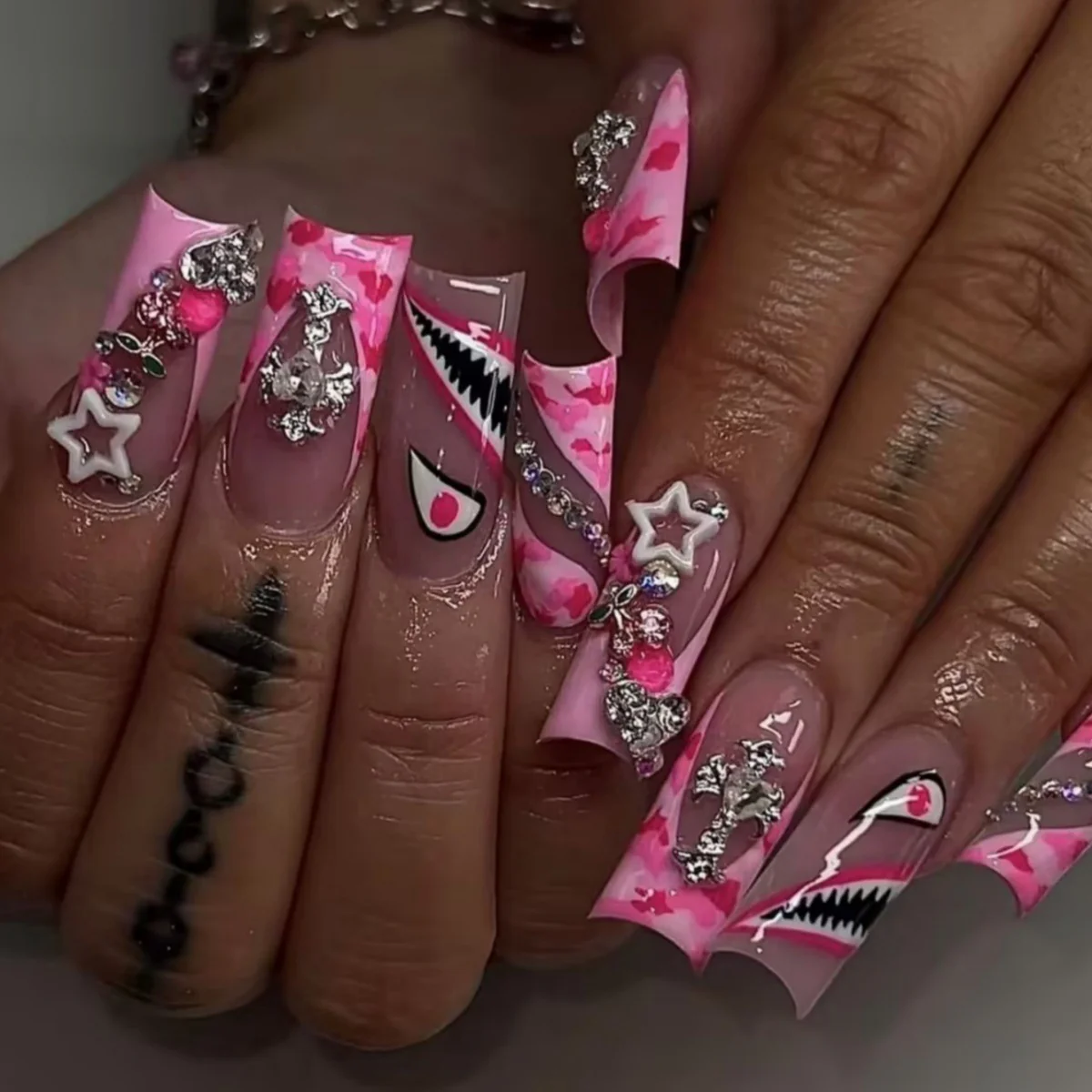 Charming Ocean Wave Long Square Pink Nail Set with Glitter and Unique Shark Design