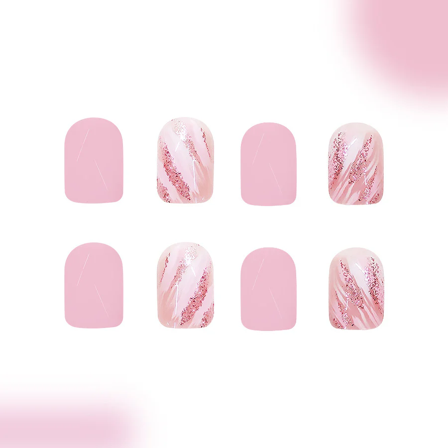 Charming Pastel Dream Press On Nail Set Short Square Light Pink with Glitter Stripes