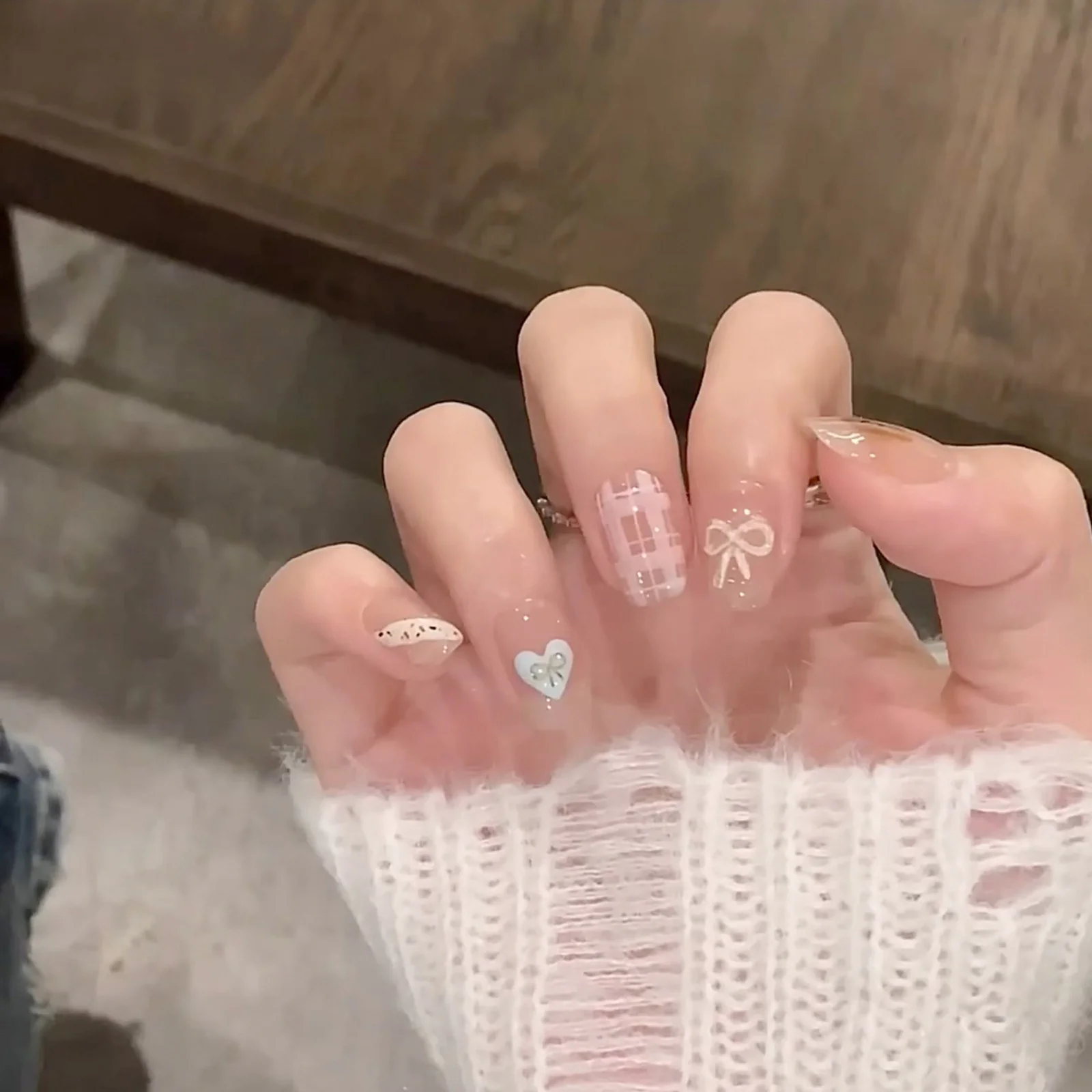 Charming Pastel Press-On Nail Set Medium Square Blush Pink with Delicate Bow and Heart Design