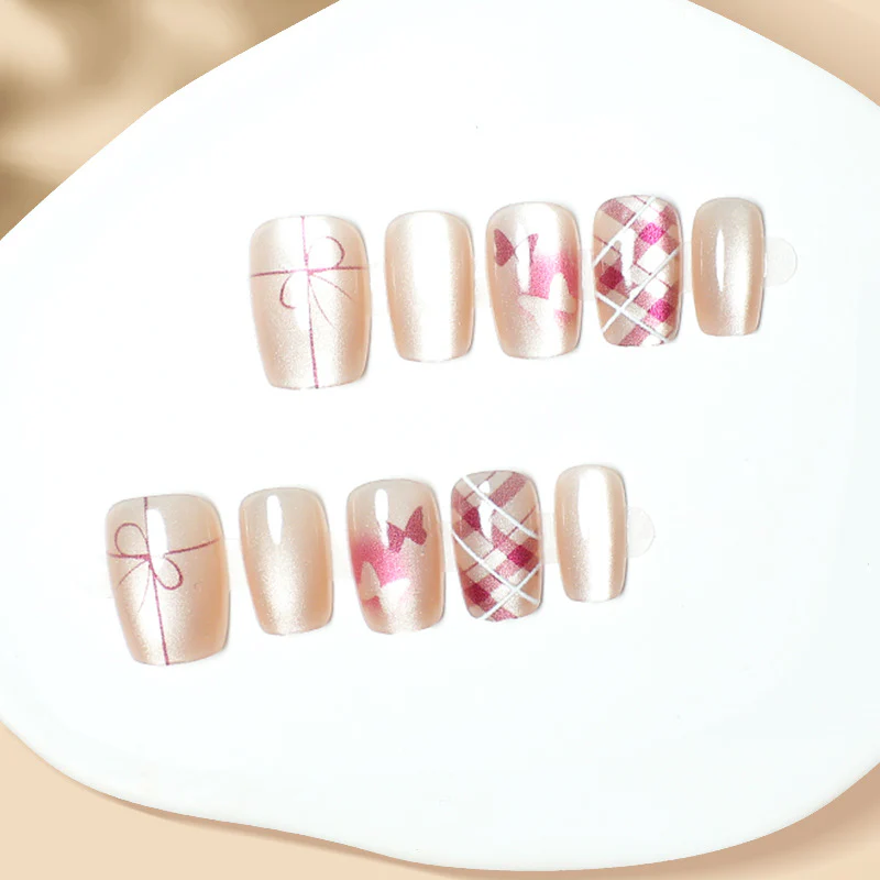 Charming Pastel Square Press On Medium Nail Set Blush Pink With Elegant Bow and Plaid Design