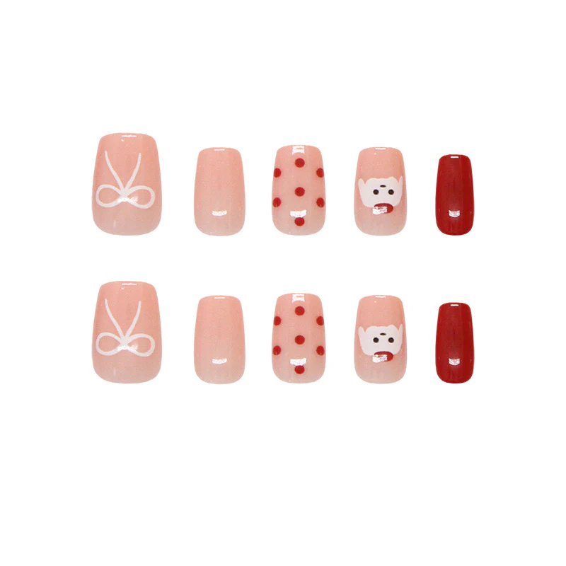 Charming Pet Theme Short Square Blush Pink and Red Press On Nail Set with Cute Animal Designs