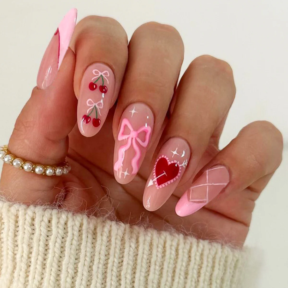 Charming Romance Long Oval Pink Press On Nail Set with Cute Cherry and Heart Designs