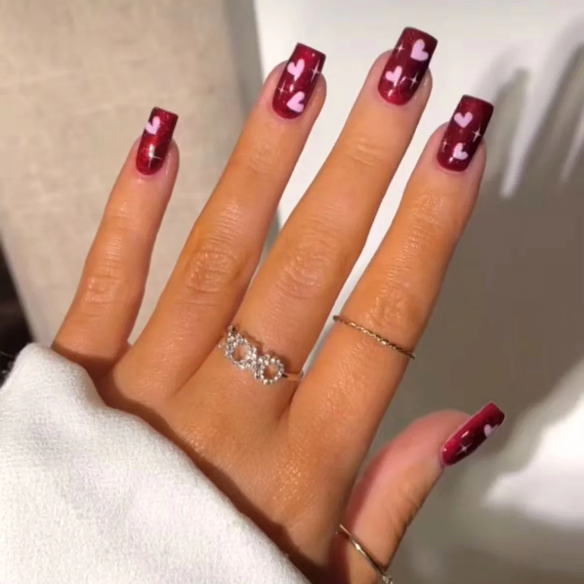 Charming Romance Medium Square Burgundy Press On Nail Set with Heart Design and Sparkle Finish