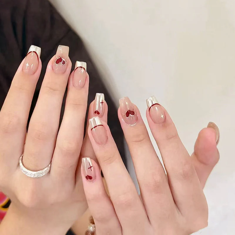 Charming Romance Medium Square Press On Nail Set in Beige with Heart and Star Designs