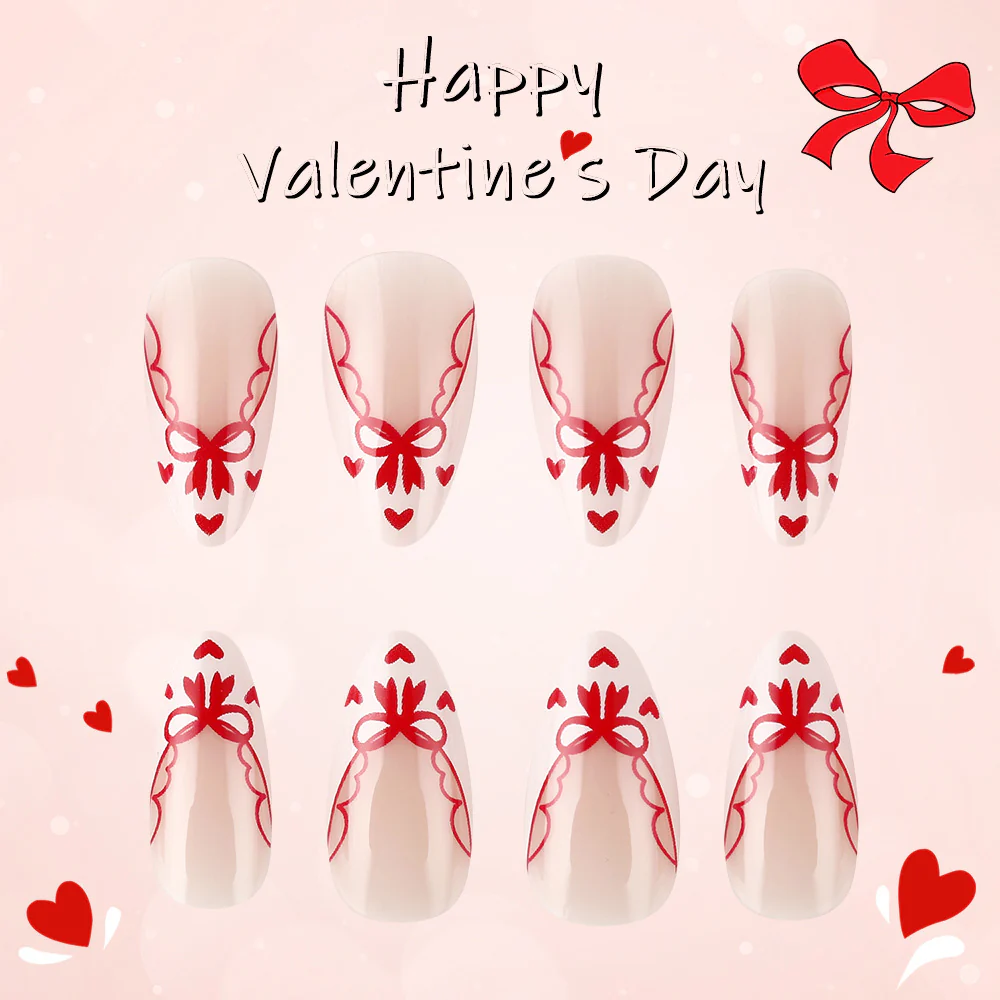 Charming Valentine Nail Set in Medium Almond Shape with Soft Pink Base and Cute Red Bow Designs
