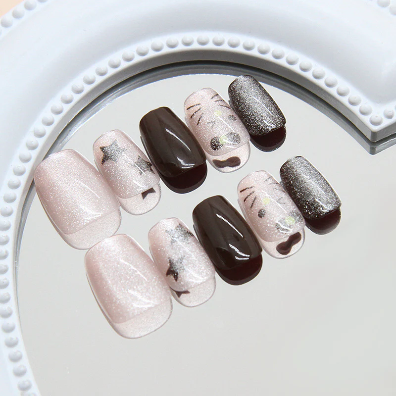 Charming Whimsical Elegance Medium Coffin Blush Pink and Deep Espresso with Starry Accents Press-On Nail Set