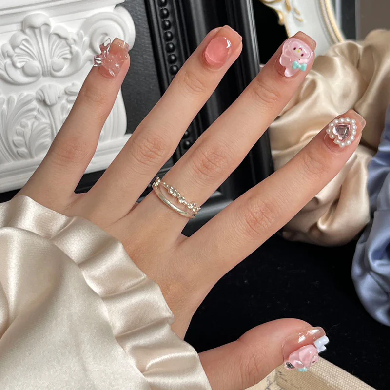 Charming Whimsy Short Square Blush Pink with Adorable Character Accents Nail Set