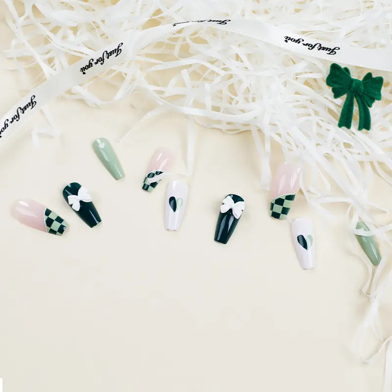 Check and Mate Long Coffin Green Hearts St. Patrick's Day Press On Nails - Image 2
