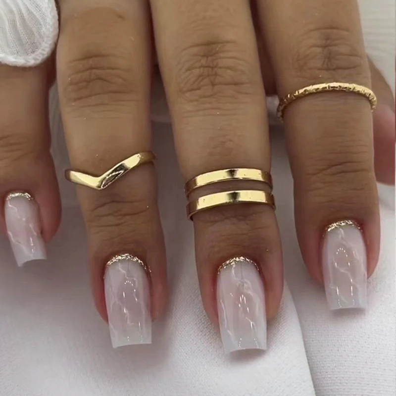 Checked And Ready Medium Square White Marble Press On Nails