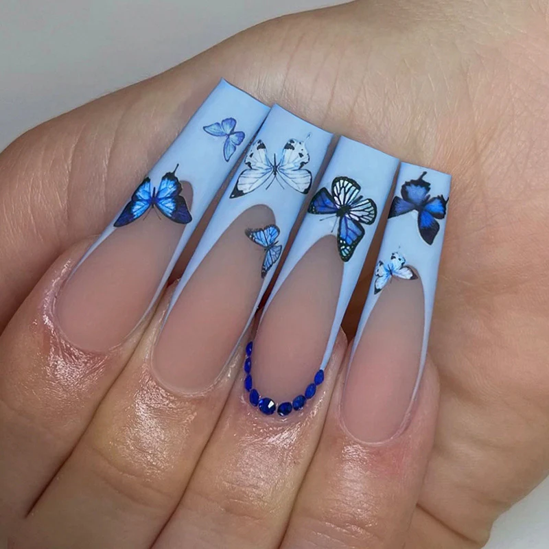 Checked Out Long Coffin Blue Butterfly Press On Nails
