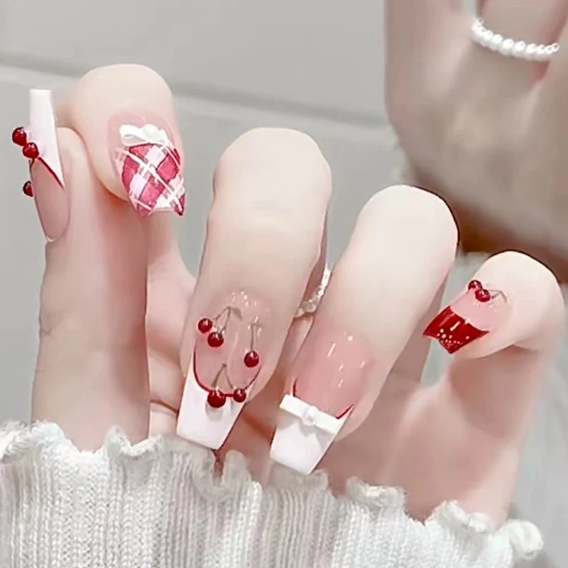 Cherry Blossom Bliss Long Coffin Red and White Press On Nail Set with Charming Cherry Designs