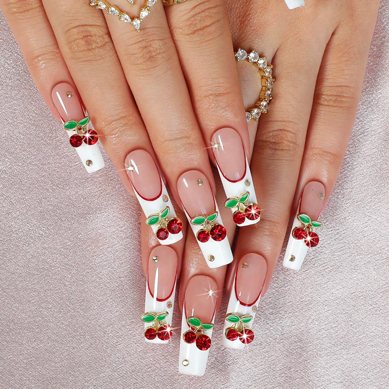 Cherry Blossom Delight Long Square White Nails with Charming Cherry Embellishments