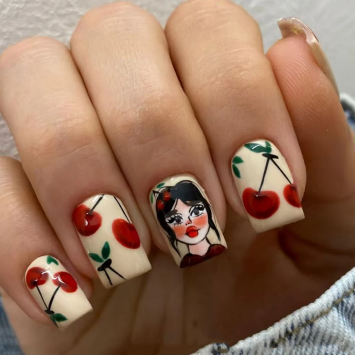 Cherry Blossom Delight Short Square Medium Red Floral Nail Set with Charming Portrait Design