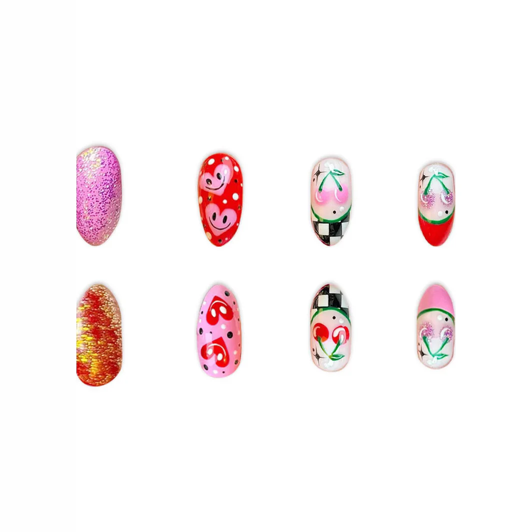 Cherry Blossom Dream Shimmering Short Oval Pink Red Artistic Design Press On Nail Set