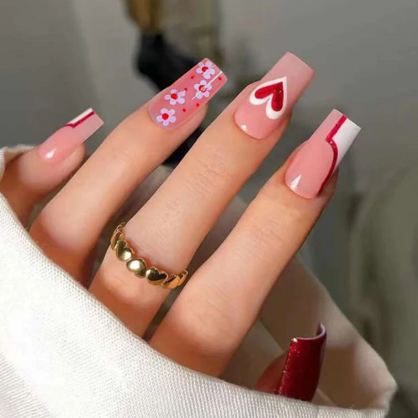 Cherry Blossom Elegance Medium Square Pink Press On Nail Set with Floral Accents and Glossy Finish
